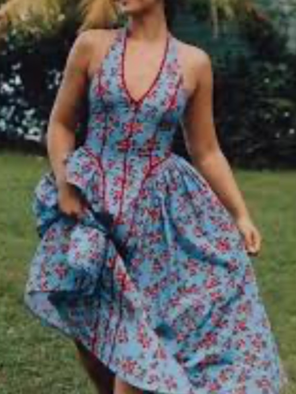 Anthropologie Dusty Blue  and Red Floral Smocked Midi Dress NWOT - Picture 2 of 8